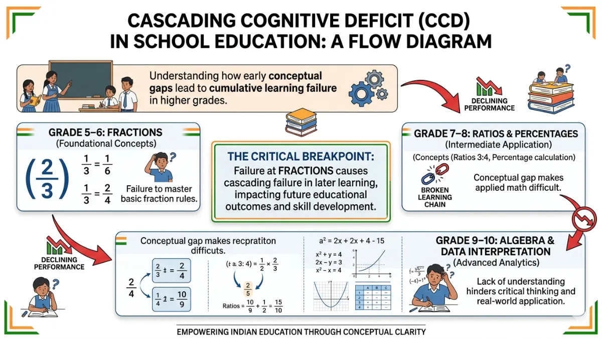 Infographic showing Cascading Cognitive Deficit (CCD): weak understanding of fractions in Grades 5-6 leading to failures in ratios, percentages, algebra, and data interpretation in higher grades